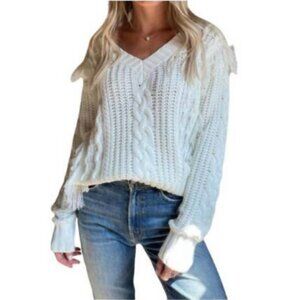 Six/Fifty Cream Knit Fringe Soft Long Sleeve Sweater Size M #0531